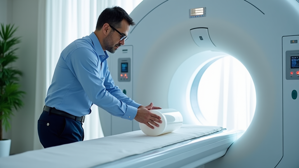 A diagnostic physicist carefully positioning a CT image quality phantom on the CT scanner bed for an annual equipment performance evaluation (EPE)