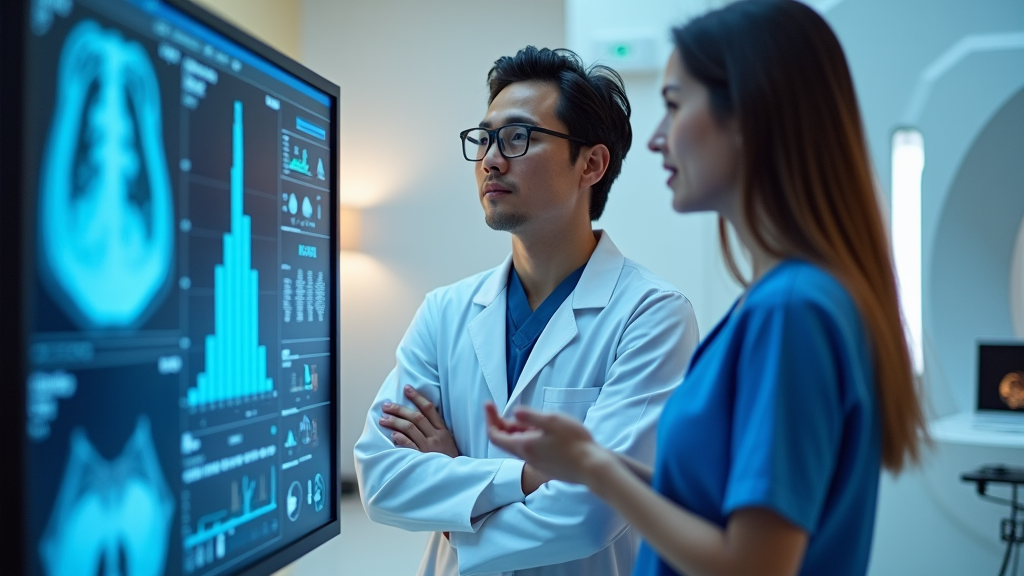 A medical physicist and radiologist optimizing CT protocol image quality and patient radiation dose.