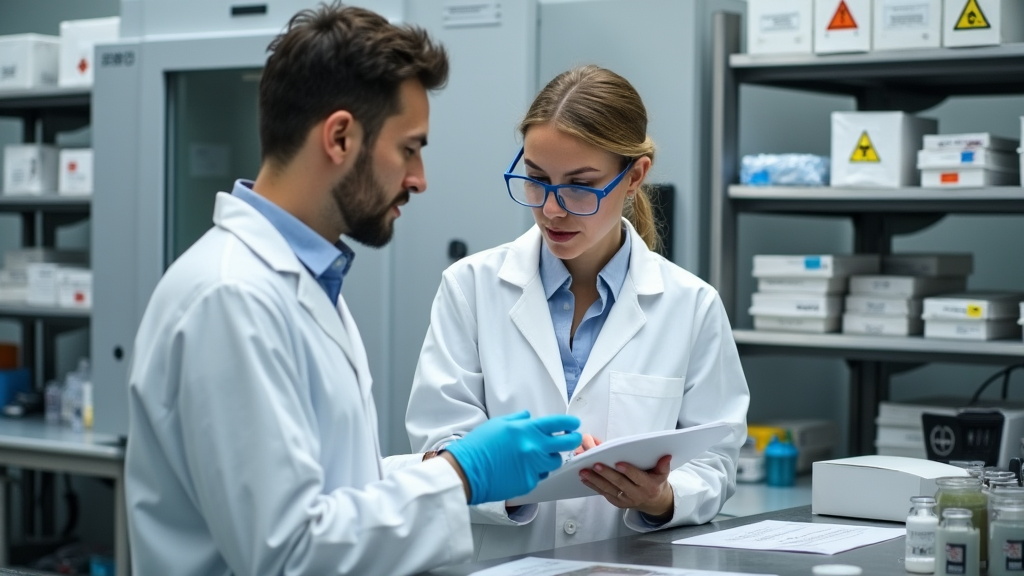 A medical physicist and nuclear medicine technologist discussing state regulations and quality control documents in a nuclear medicine radioactive materials (RAM) hot lab.